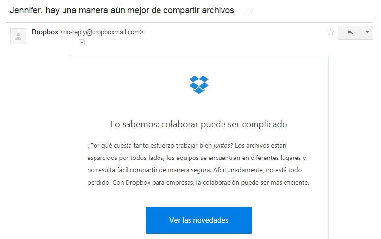 Dropbox utiliza muy bien los títulos, incluyendo el nombre del receptor y estableciendo un mensaje corto, directo e interesante para su público