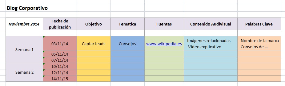 Calendario editorial para contenidos