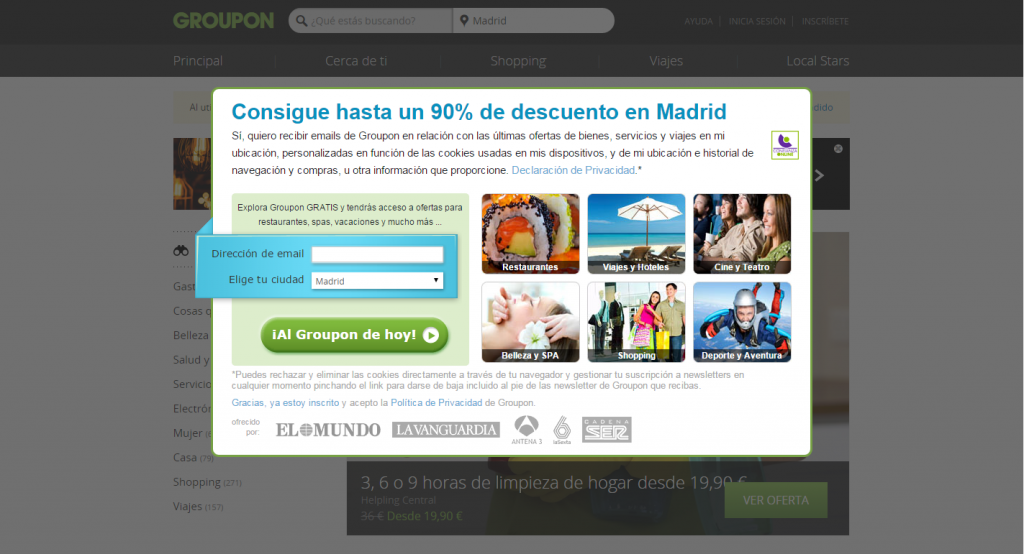Ejemplo captación e-mail Groupon