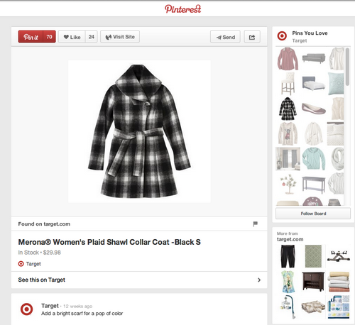 Ejemplo de pin enriquecido en Pinterest, con precio e información del stock