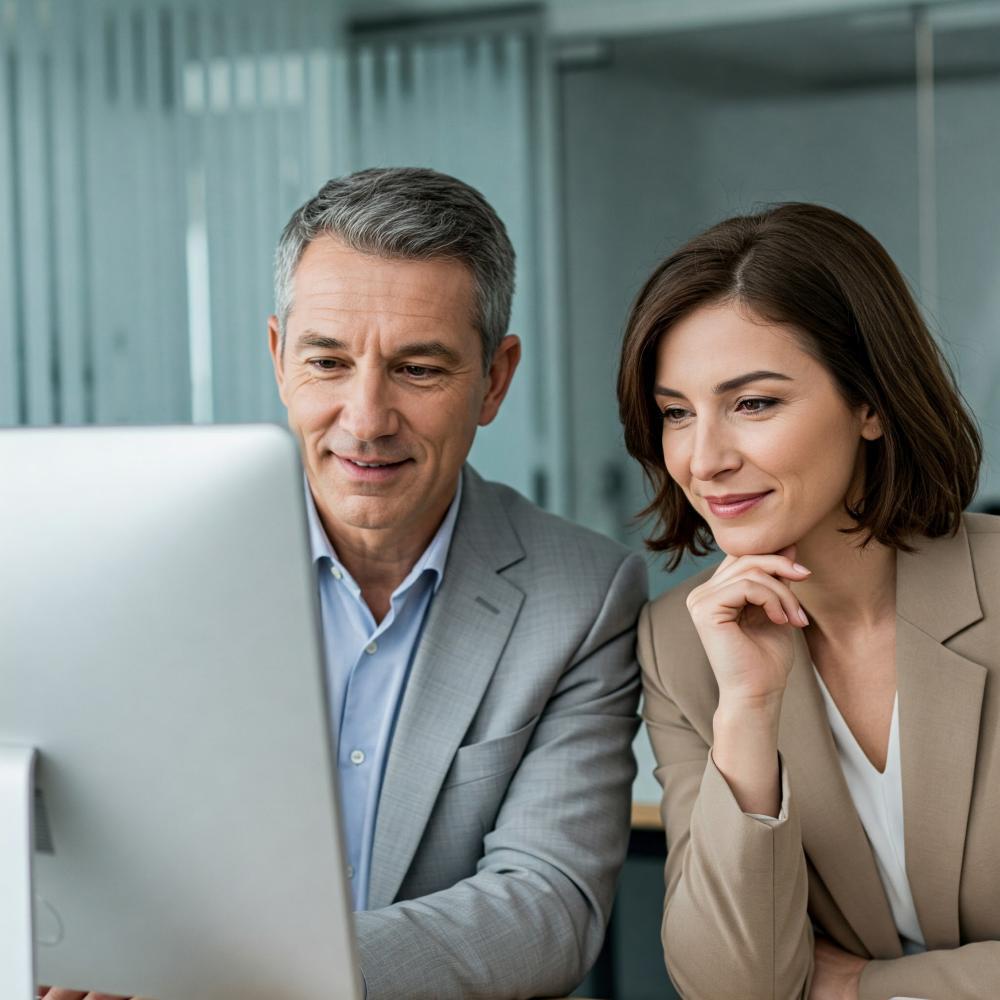 Dos profesionales en una oficina revisando contenido en un monitor de ordenador.