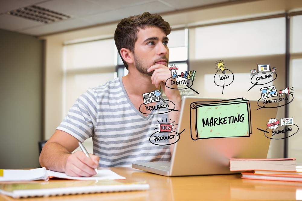 Estratega planificando las características HubSpot Marketing y tácticas digitales B2B en su portátil