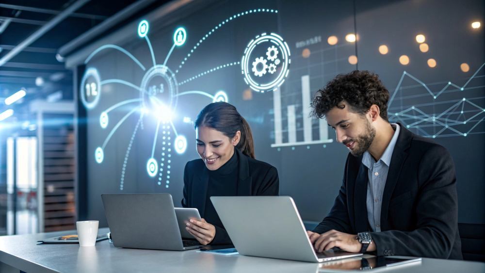 Equipo de marketing y ventas analizando datos con inteligencia artificial en paneles digitales